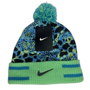 Nike Kids' Vibrant Green and Blue Beanie‎ with Pom Pom Winter Hat